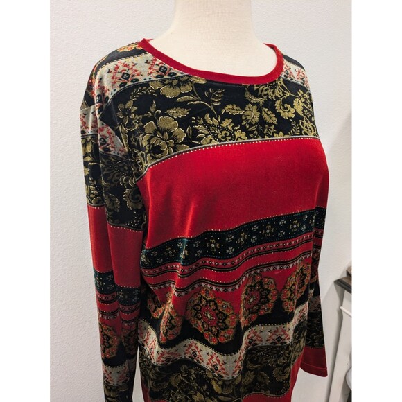 White Stag Black/Red Crushed Velvet Christmas Floral Print Long Sleeve Top sz L - Picture 4 of 11